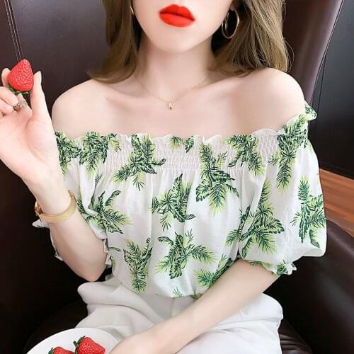 2021 Summer Sexy Slash Neck Yellow Blouse Short Sleeve Print Casual Shirts Lightweight Fashion Blouse Pullover Flower Tops