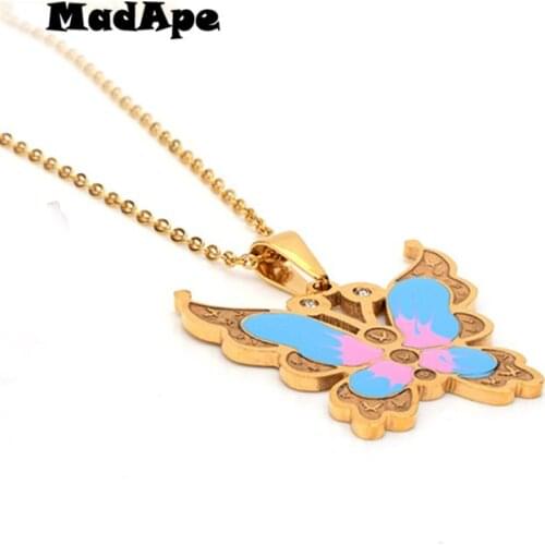 MadApe Cute Butterfly Pendants Necklace 316L Stainless Steel Sweater Chain Choker Necklace For Women Fashion Gold Color Jewelry