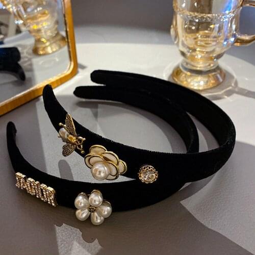 Fashion Inlaid Rhinestones Letter Pearl Flower Headband Women Crystal Beaded Headwear Girl Handmade Crystal Hair Accessories