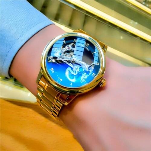 AOKULASIC Mens Automatic Mechanical Watch Stainless Steel Strap Watches Man Skeleton Luxury Business Hollow Wristwatch Male