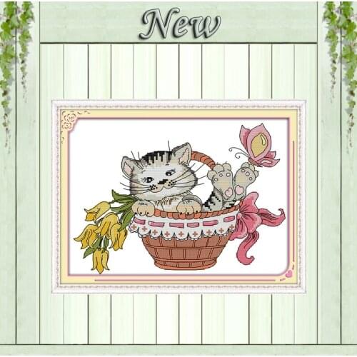 The cat in the basket cartoon diy paintings counted printed on canvas DMC 14CT 11CT Cross Stitch Needlework Sets Embroidery kits