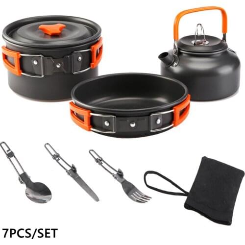 7Pcs Portable Outdoor Camping Teapot Set Travel Garden Table Picnic BBQ Pan Pot Cookware Kit