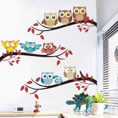 Owl on Tree Wall Stickers Boy Girl Kids Room Bedroom Decor Aesthetic Home Decoration Self Adhesive Wallpaper Animal Wallstickers