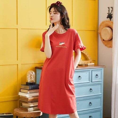 Women 2019 new Korean female summer nightdress cartoon sexy cotton thin casual comfortable one piece dress sleepshirt sleepwear