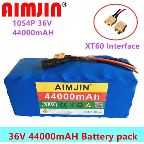 XT60 Interface 36V Battery 10S4P 44Ah Battery Pack 1000W High Power Battery 36V44000mAh Electric Bicycle BMS + 42v Charger