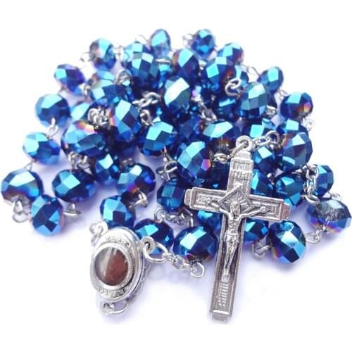 Handmade Large Crystal Rosary Beads Necklace Catholic Jesus Cross Pendant Necklace for Women Religious Prayer Jewelry Gift