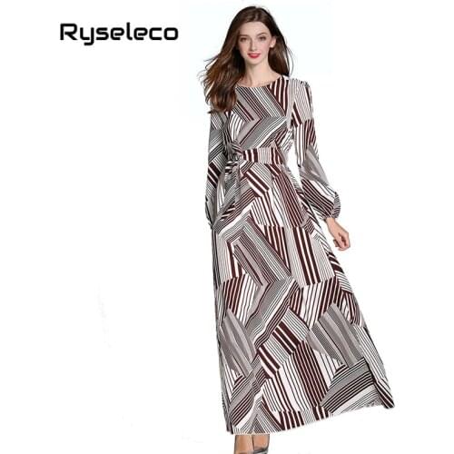 New Women Fall Spring Long Sleeve Maxi Floor-length Dresses Female Vintage Abstract Geometric Strip Big Loose Flare Casual Dress