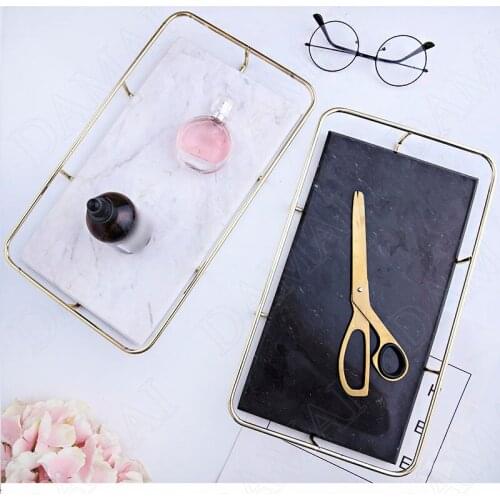 European Style Ceramics Storage Tray Marble Texture Jewelry Cosmetic Trays Gold-plated Metal Frame Dressing Table Organizer