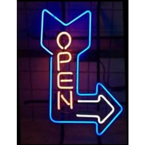Promotion OPEN Arrow Direction Custom Handmade Real Glass Tube Bar KTV Hotel Shop Store Advertise Display Neon Sign Light 12X17"