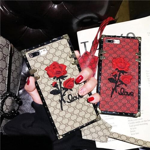 Luxury Flower Phone Case For iPhone 12 Mini 11 Pro X XS Max XR SE 2020 6S 7 8 Plus Fashion Brand Square Lanyard Soft Back Cover