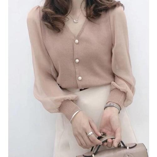 XEJ Chiffon Blouse Korean Fashion Office Clothes Knitted Tops Women Spring Autumn 2021 Women Fashion Long Sleeve Shirt Sheer Top