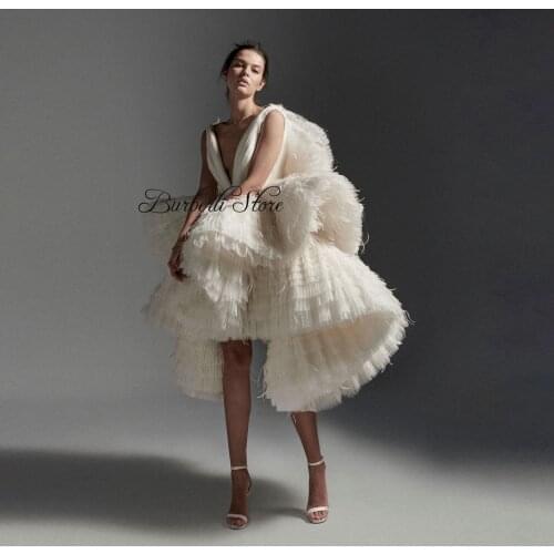 Chic Beige Tiered Tulle Prom Gowns Ruffles Sexy Deep V-neck Sleeveless A-line Knee Length Formal Event Party Dresses