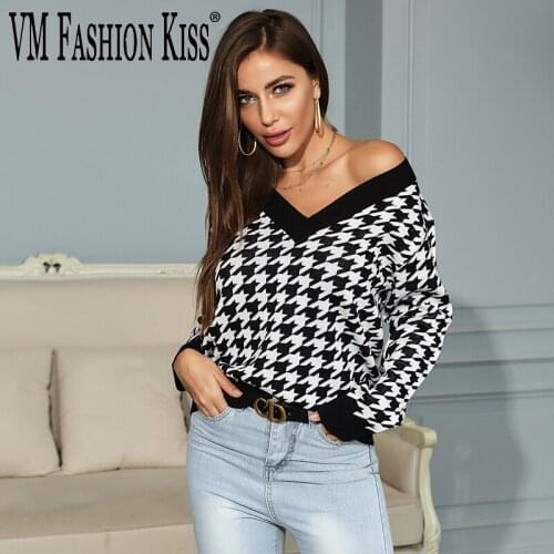 VM FASHION KISS Autumn Winter Ladies Houndstooth Sweater Black Plaid Long Sleeve Pullover Sweater V-neck Pull Femme Loose Tops