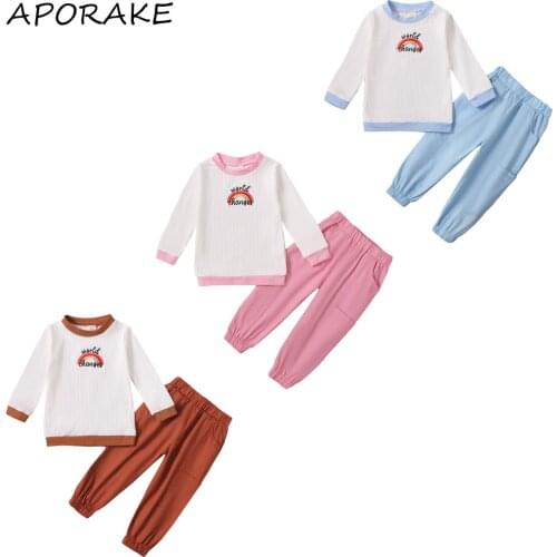 2021 0-5Y Sweet Kids Girl Clothing Letter Rainbow Embroidery O-Neck Long Sleeve Tops+Pockets Solid Color Trousers Autumn Outfits