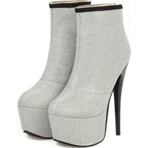 Silver Ankle Boots Women Winter 2020 Thin 16cm High Heels Boot Women Platform Sexy Bling Fetish Party Shoe Lady Large Size 34-48