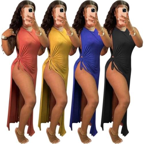 Lounge wear Solid Long Women Dress Sexy High Slit Lace Up O Neck Sleeve Slim Summer Dress Clubwear Party Dresses Robe Lounge