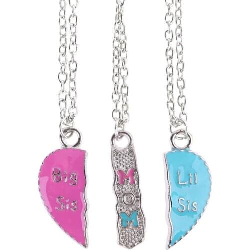 40GB 3 Pcs/Set Heart Necklace Big Sis Mom Little Sis Carved Pendant For Mothers Day Gifts Women Jewelry Charms Family Daughter