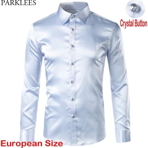 Silver Satin Luxury Dress Shirt 2020 Brand Slim Fit Silk Casual Dance Party Long Sleeve Wrinkle Free Tuxedo Shirts Chemise Homme