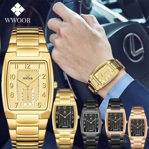 WWOOR 2021 Mens Watches Top Brand Luxury Square Gold Steel Waterproof Stopwatch Quartz Clock Mens Wrist Watch Relogio Masculino