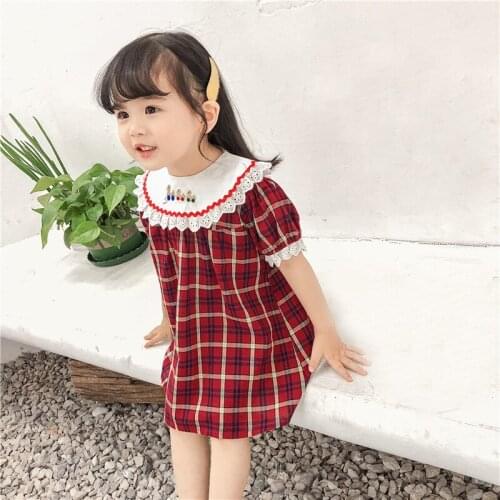 Children Clothing New Fashion Girls Summer Dress Cotton Red Plaid Peter Pan Collar Straight Lace Embroidery Girls Party Dress