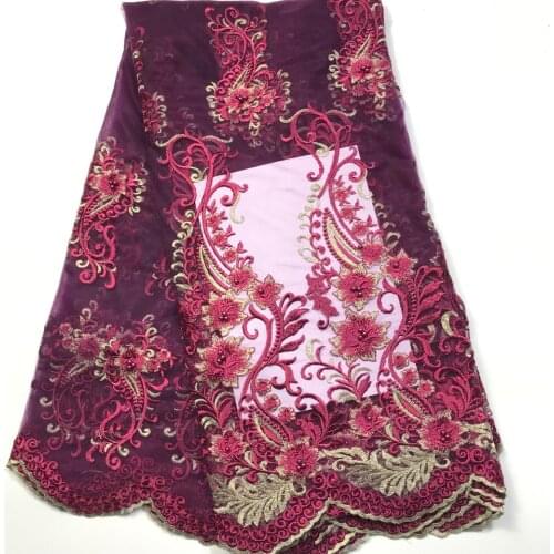 Fuchsia French Lace Material High Quality Net African Lace Fabrics With Beaded For Nigerian Wedding Tulle Lace Fabric M31192
