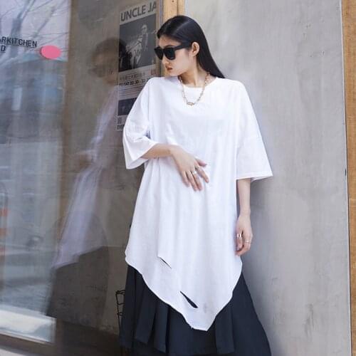 Dark black Yamamoto T-shirt womens short sleeve summer irregular minority design medium length top tide large size hole Street