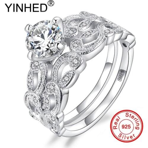 YINHED Bridal Engagement Rings Set 1 Pair 925 Sterling Silver Ring Round Cubic Zircon Finger Ring Jewelry Women ZR471