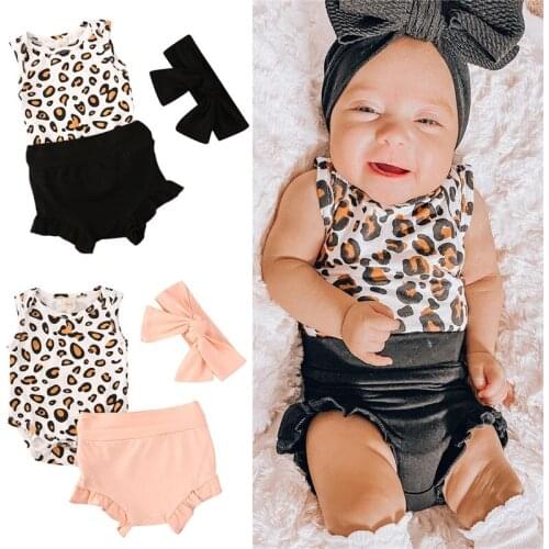 New Baby Girls 3-piece Outfit Set Kids Newborn Sleeveless Leopard Print Romper+ Solid Color Shorts + Headband Set