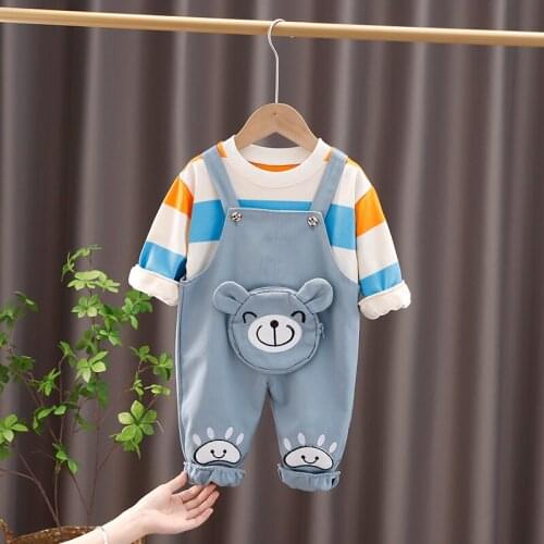 Baby Girls Boys Clothing Sets 2021 Autumn Kids Stripe T Shirt Cartoon Bear Overalls Children Sportswear Infant Clothes Outfit
