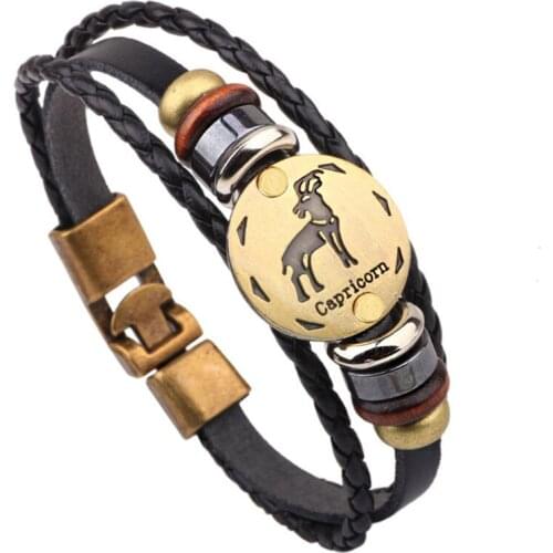 Miss JQ Bronze Alloy Buckles 12 constellations Bracelet Punk Leather Zodiac Bracelet Black Wooden Bead Charm Men Women Jewelry