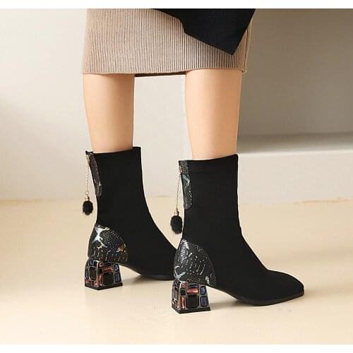Fashion Stretch Flock Boots Women Sock Ankle Boot Female Square Toe Thick Heels Shoes Ladies Rhinestone Winter Shoes Botas Mujer