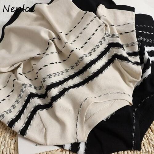 Neploe Fashion Contrast Color Striped Knitted Tops Women O-neck Short Sleeve Casual Female T-shirts Summer All-match Femme Tees