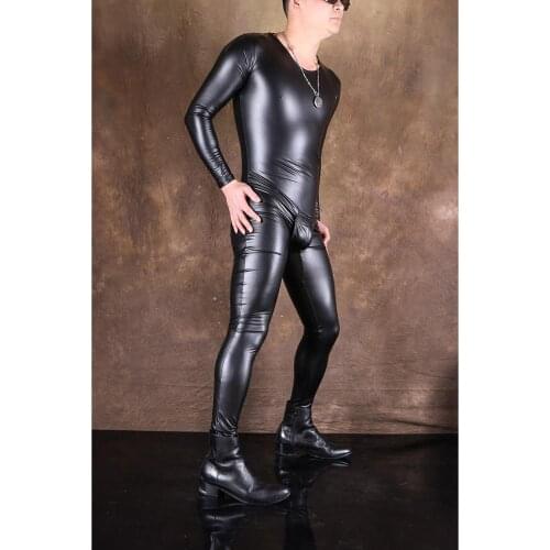 Mens Fad Thin Fleece PU Leathe Shaper Hot Shapers Leotard Camiseta Masculina Long Sleeve T-Shirt Jumpsuit Sexy Viscose Bodysuit