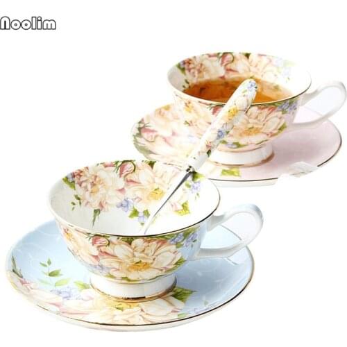 NOOLIM British Royal Bone China Flower Painting Coffee Cup Ceramic Tea Cup And Saucer Spoon Set Advanced 210ml Bone China Cup