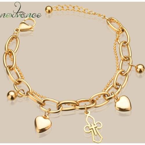 Nextvance Stainless Steel Cross Heart Bracelet Gold Beads Chain Wristband Bracelets for Girls Bridal Multilayer Jewelry