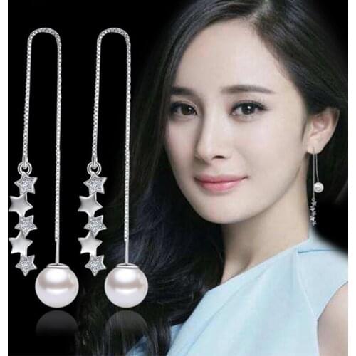 New Arrivals 925 Sterling Silver Fashion Pearl Fashion Geometric Female Long Tassel Drop Earrings Promotional Jewelry Ladies