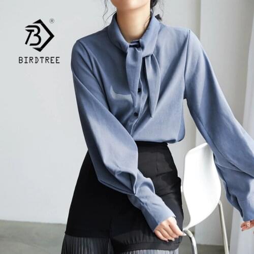 New Arrival Women Vintage Solid Blouse Bow Tie Lantern Sleeve Shirt Button Up Loose Office Lady Top Feminina Blusas T9D305F