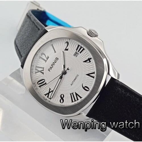 Parnis Mans 40mm Blue Dial Sapphire Glass Leather strap Miyota 821A Automatic Mechanical Mens waterproofWrist Watch
