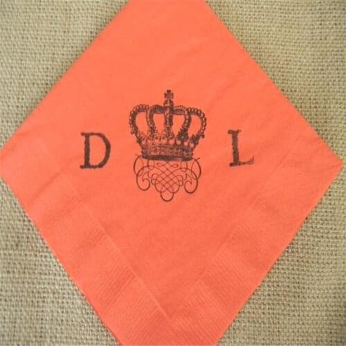 Personalized Cocktail Napkins Royal Crown Large Initials Wedding Bright Coral Paper French Royal Wedding 5x5 inches - Set of 50