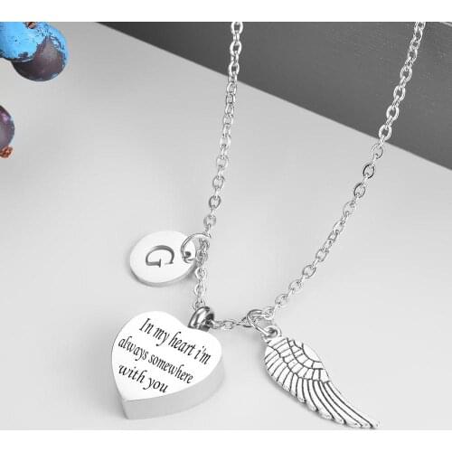 Stainless Steel Cremation Urn Necklace Angel Wing Charms 26 Initial Letter Alphabet Memorial Keepsake Pendant Ash Jewelry