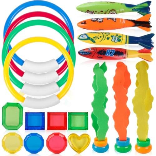 19PCS Pool Accessories Set 4 Dive Ring,4 Throw Torpedo Bandit,3 Stringy Octopu,8 Jewel Gem for Pool Sinking Swimming Game Underw