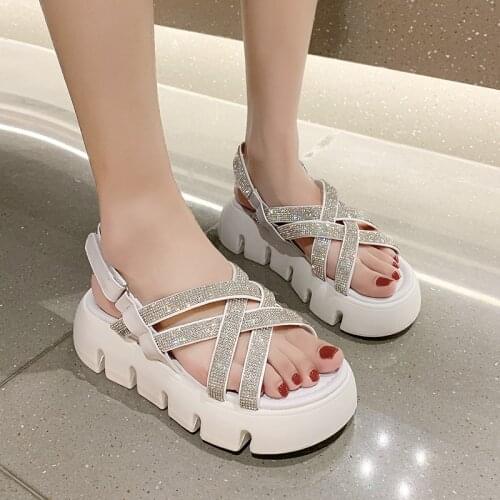 RALSWNAY Trifle Bottom Rhinestone Flat Bottom Womens Sandals Fashion Sexy Thick Bottom 2021 New Street Style Cute Cross Vamp