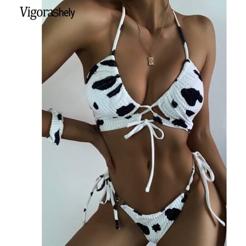 Vigorashely Sexy Halter Bikini Set 2021 Cow print Swimsuit Women Push Up Swimwear Summer BeachWear Brazilian Tied Bathing Suit