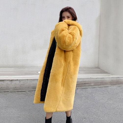 Fashion Rex Rabbit Long Winter Fur Coat Women Luxury Hooded Imitation Mink Fur Coat Thick Warm Coat Plush Jacket Loose Women