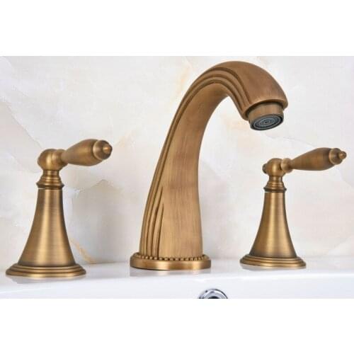 Retro Vintage Antique Brass Two Handle Deck-Mount 3 Hole Widespread Bathroom Lavatory Vessel Basin Faucet Sink Mixer Tap dan088