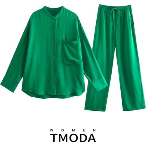 TMODA1495 Za 2021 Summer Women Oversized Green Long Shirt Casual Loose Tops And Lady Chic Pants Trousers Female Two Piece Sets