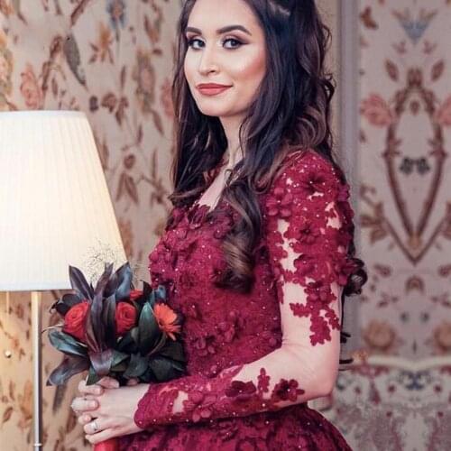Vintage Burgundy Evening Dresses 3D Flower Lace Ball Gown for Wedding Long Sleeves Saudi Arabic Formal Evening Gowns Prom Dress