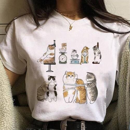 2021 Cartoon Cute Cat Printing Loose Ladies T-shirt Top Summer Kawaii Ladies Top Round Neck T-shirt Clothing