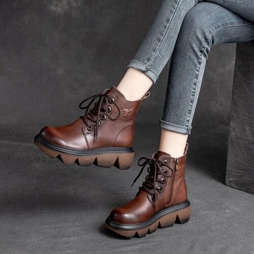 Yiluan Genuine Leather Retro Casual High Top Martin Womens Boots Top Layer Cowhide Single Boots High Top Platform Womens Shoes