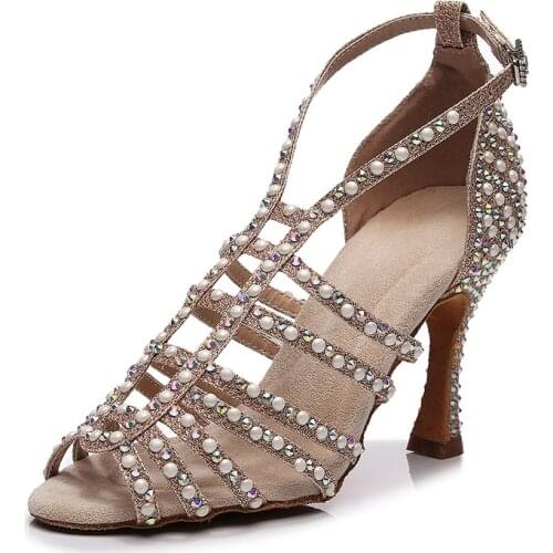 Girls Rhinestone Latin Dance Shoes Women Glitter Cloth Ballroom Dancing Shoes For Party Wedding Woman Pearl Decor Latino Sandal